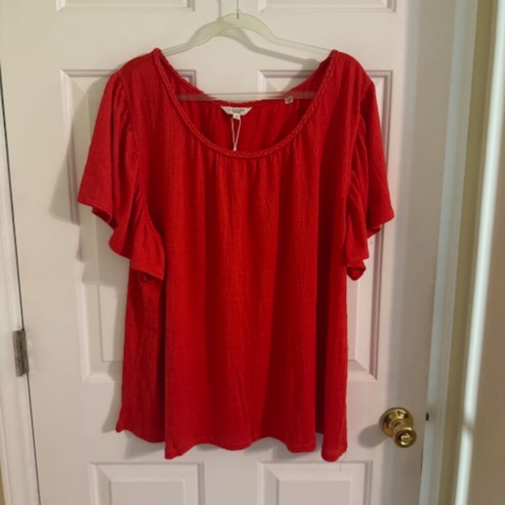 NWT Max Studio London Papaya Peasant Top Braided Neck 3X Plus Boho